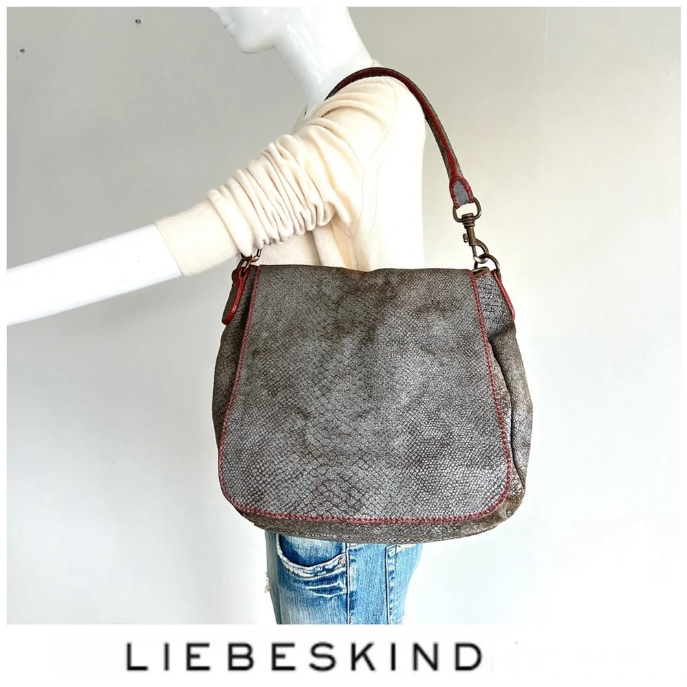 LIEBESKIND Berlin Gray Snake Print Leather Red Stitching Flap Shoulder Bag Tote